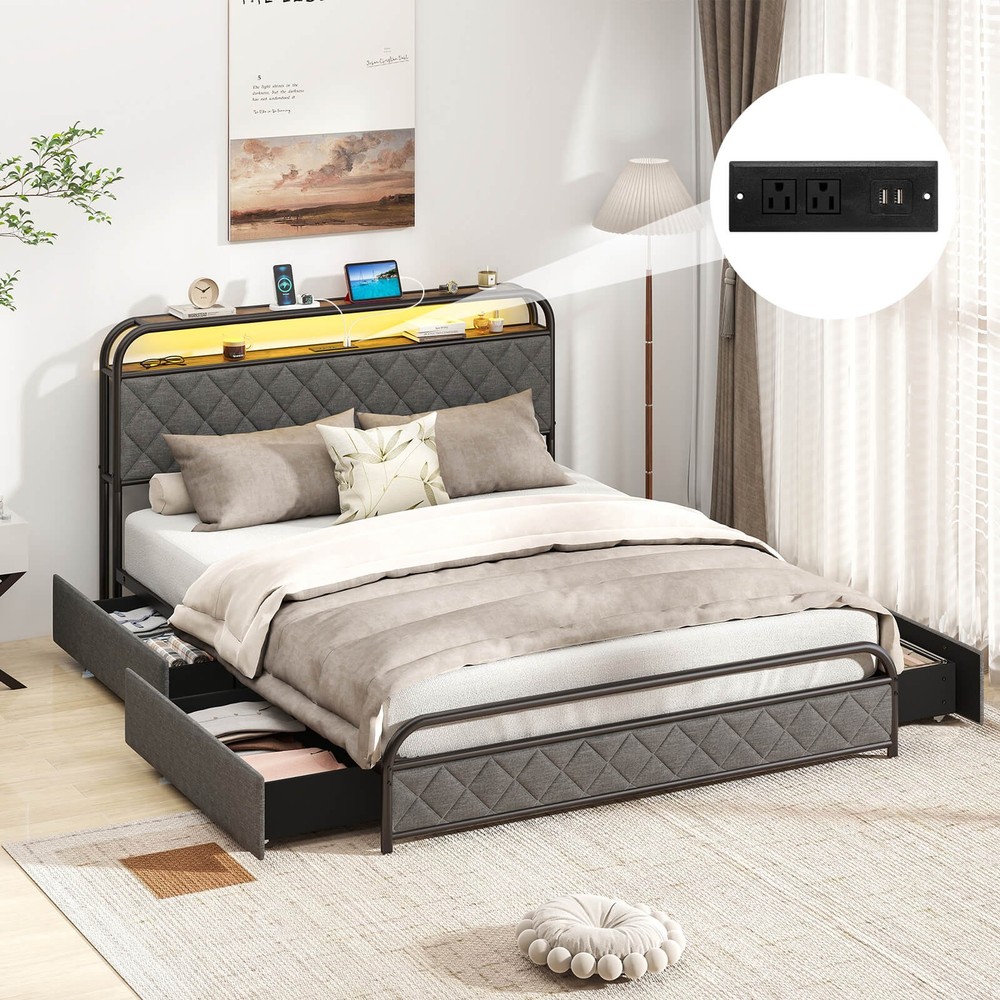 Queen Size Bed Frame with LED Lights & Charging Station Storage Headboard