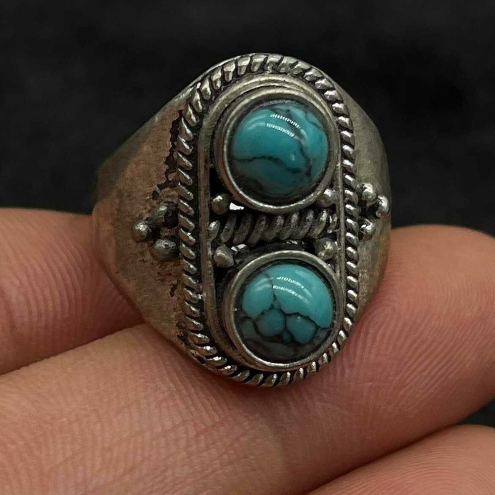 Vintage handmade silver turquoise ethnic ring 85410