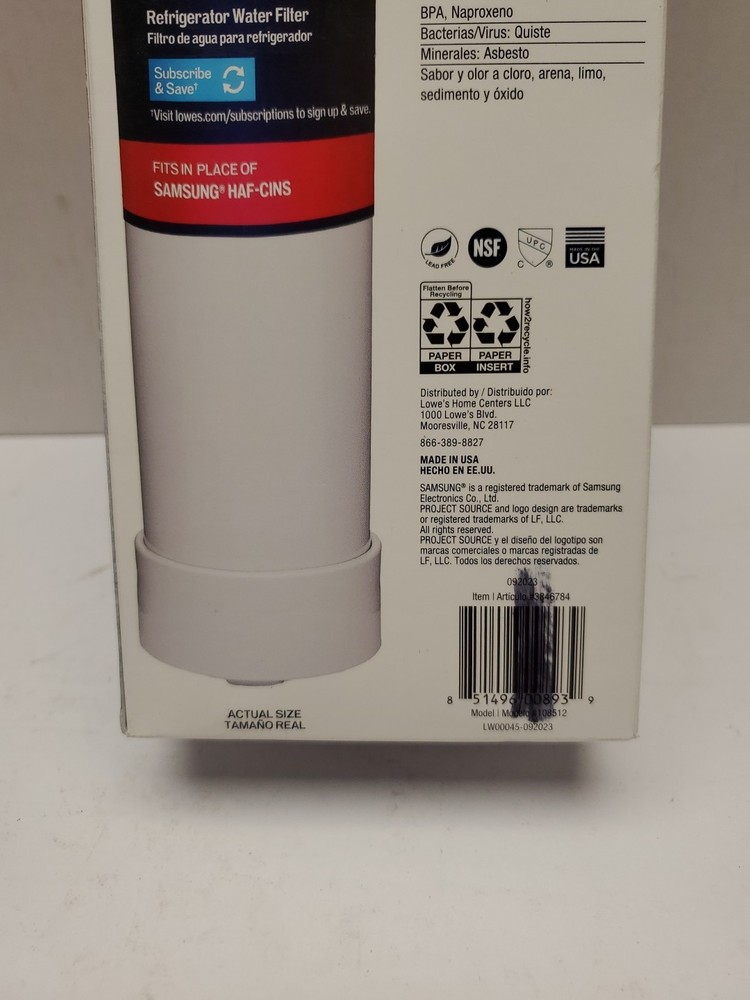 Project Source 3846784 S-2-2 Fridge Water Filter FOR Samsung HAF-CINS 1 2 Pack