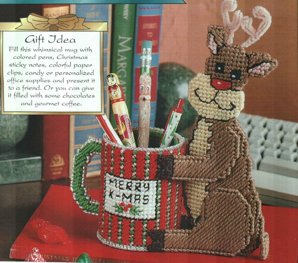 REINDEER CUP CHRISTMAS PLASTIC CANVAS PATTERN INSTRUCTIONS