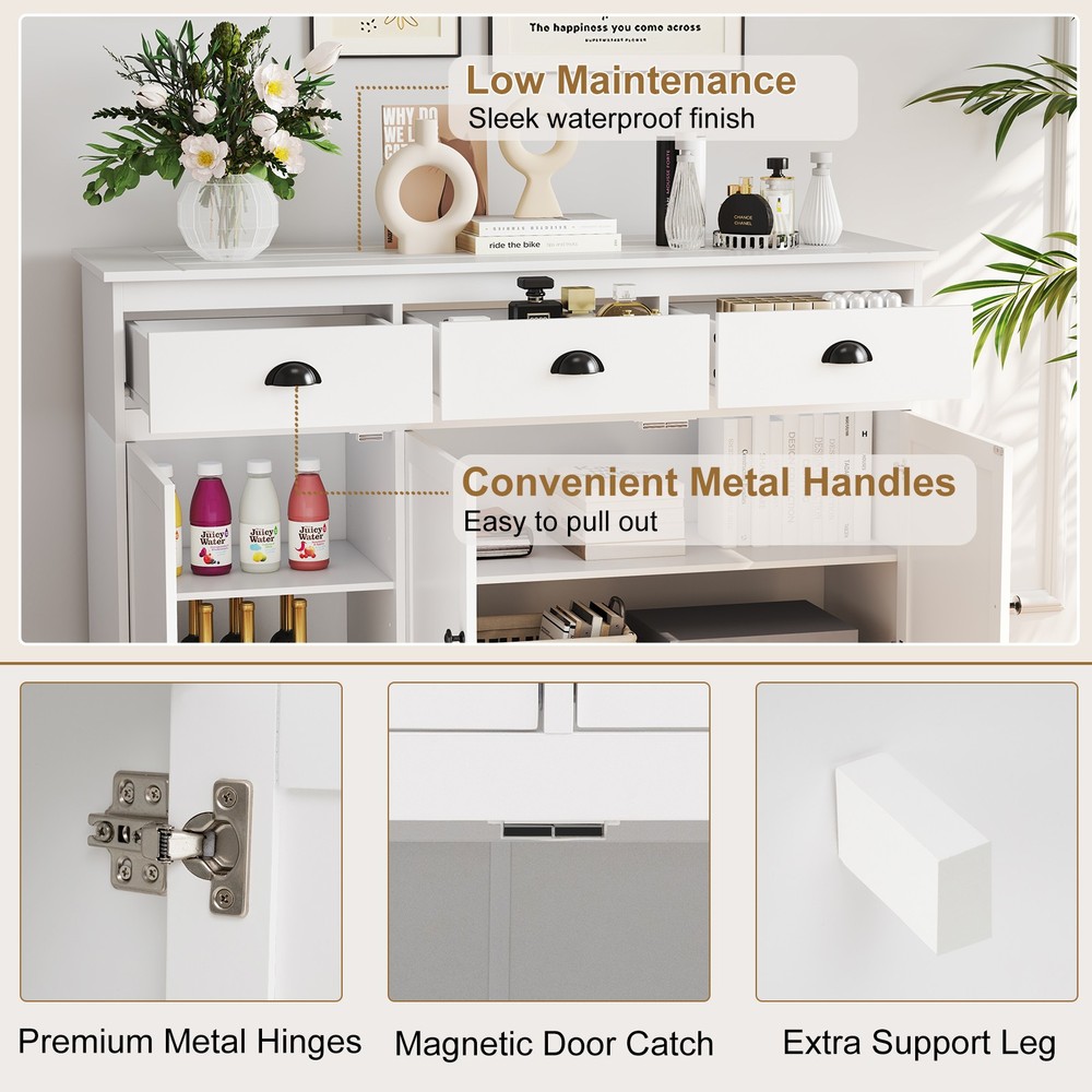 3 Drawers Sideboard Buffet Cabinet Console Table Kitchen Storage Cupboard White