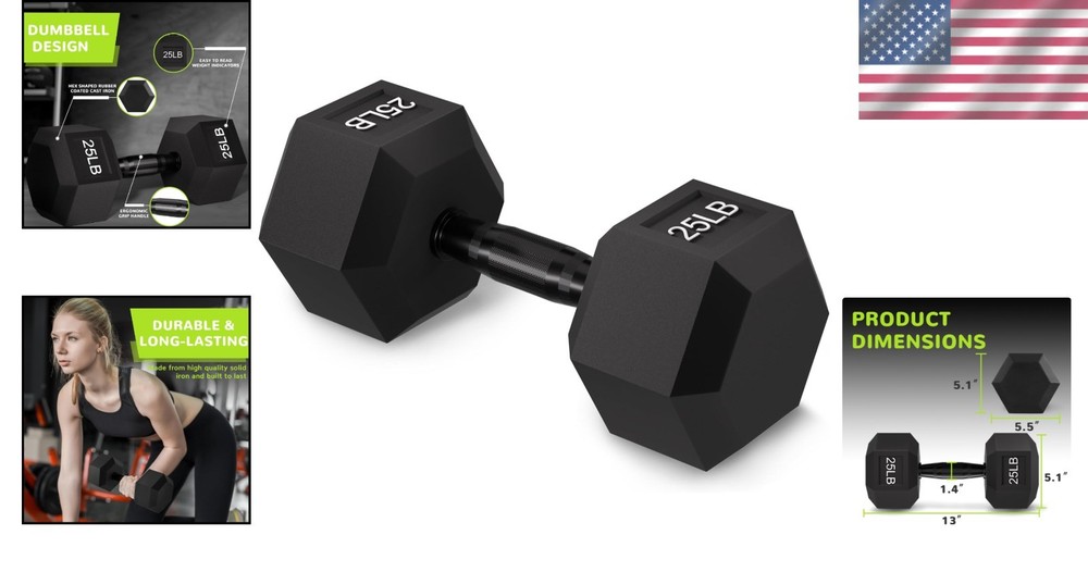 25lb Solid Cast Iron Rubber Encased Dumbbell with Secure Grip for All Workouts