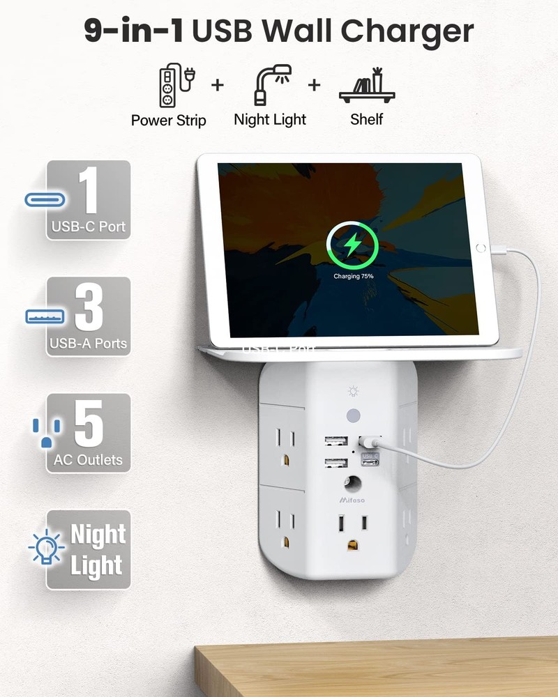 Mifaso 3-Sided Multi Plug Wall Extender Shelf Night Light Surge Protector USB C