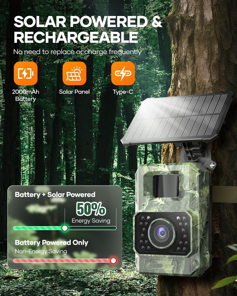 Solar Trail Camera 48MP30FPS WiFi Bluetooth Game Camera Motion Activated Trigger