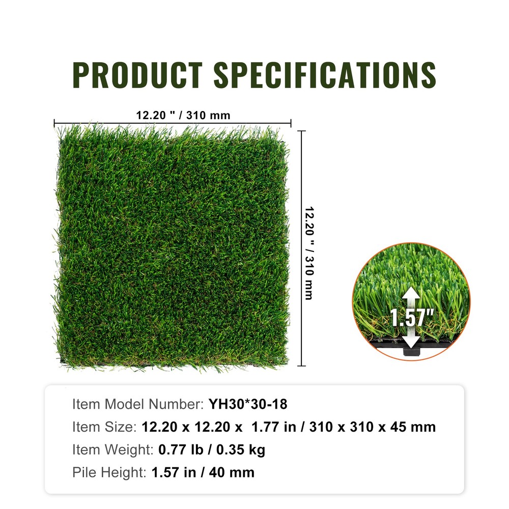 12"x12" Interlocking Artificial Grass Tiles with Self-Draining Base