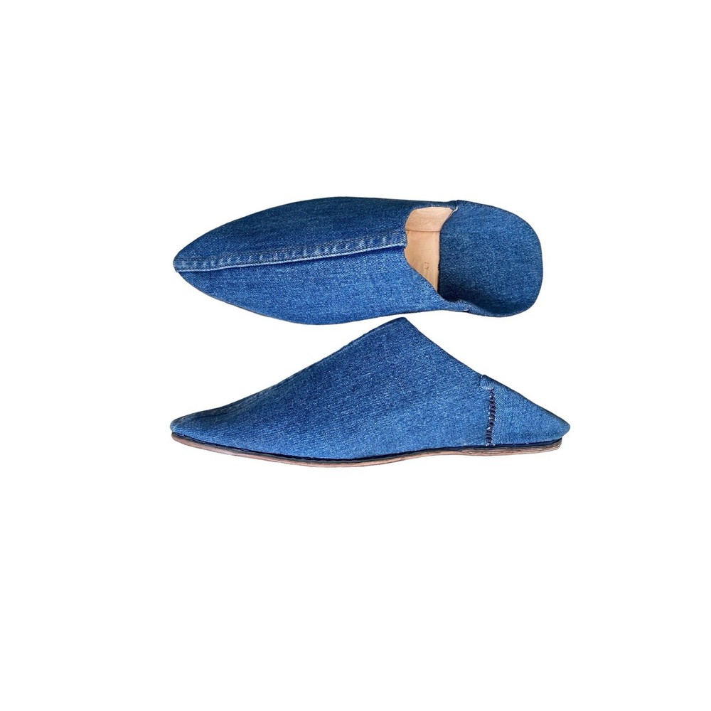 Blue Denim Moroccan Babouches Pointed Toe Leather Lining Handmade