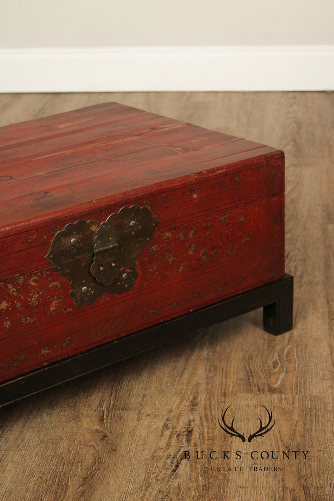 Red Lacquered Trunk With Brass Hardware On Custom Black Stand, Coffee Table