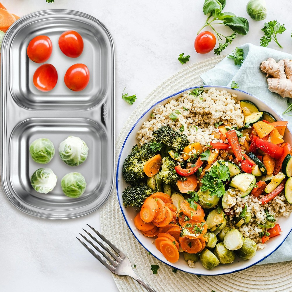 10pcs Metal Dish Dipping with 2 Rectangular Compartment Divided Silver