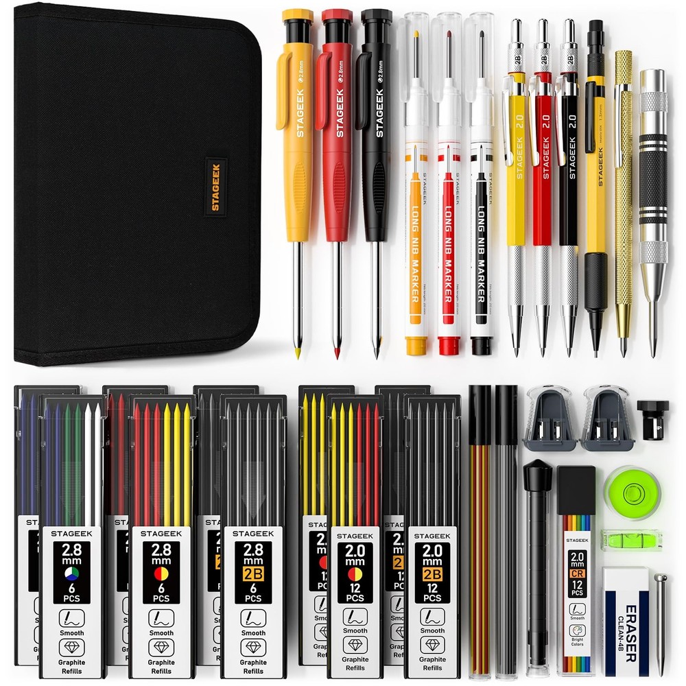 STAGEEK 34 Pack Carpenter Pencil Set with Sharpener, Black & Multi-Colored