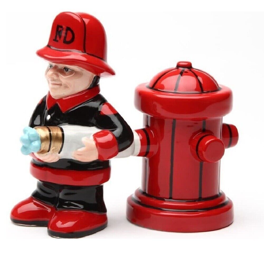 Fireman with Fire Hydrant Ceramic Magnetic Salt and Pepper Shaker Set
