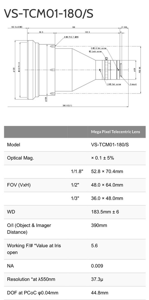 VS Technology VS-TCM01-180/S Megapixel Telecentric Lense