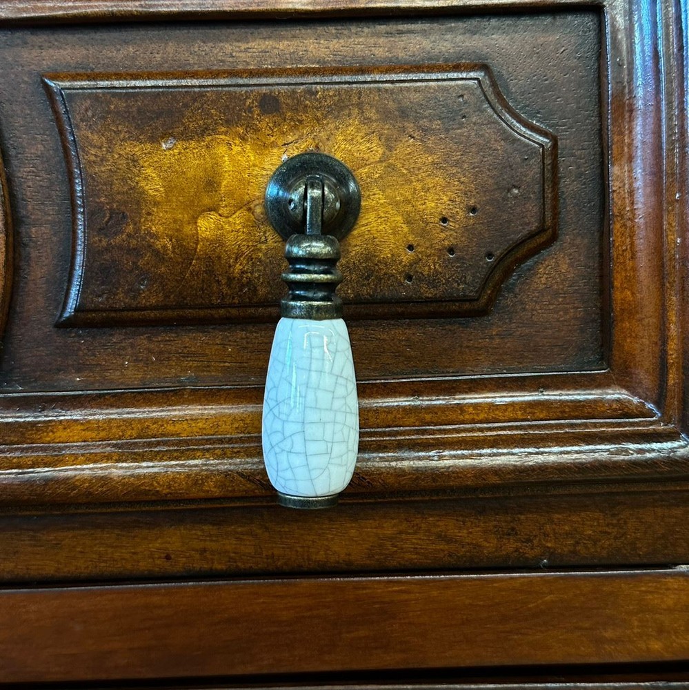 Teardrop Pendant Drop Pull - Crackel White Ceramic & Antique Brass