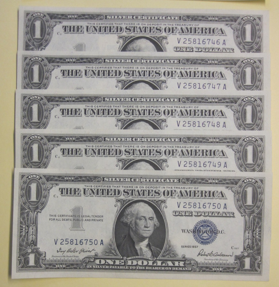 (2 Sets) 1957 $1 Silver Certificates Consecutive Serial Numbered Notes-Crisp UNC