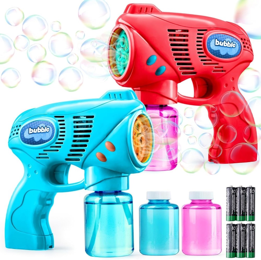 Kids Bubble Guns Set - 2 Blasters with 10 oz Safe Bubble Solution & Batteries