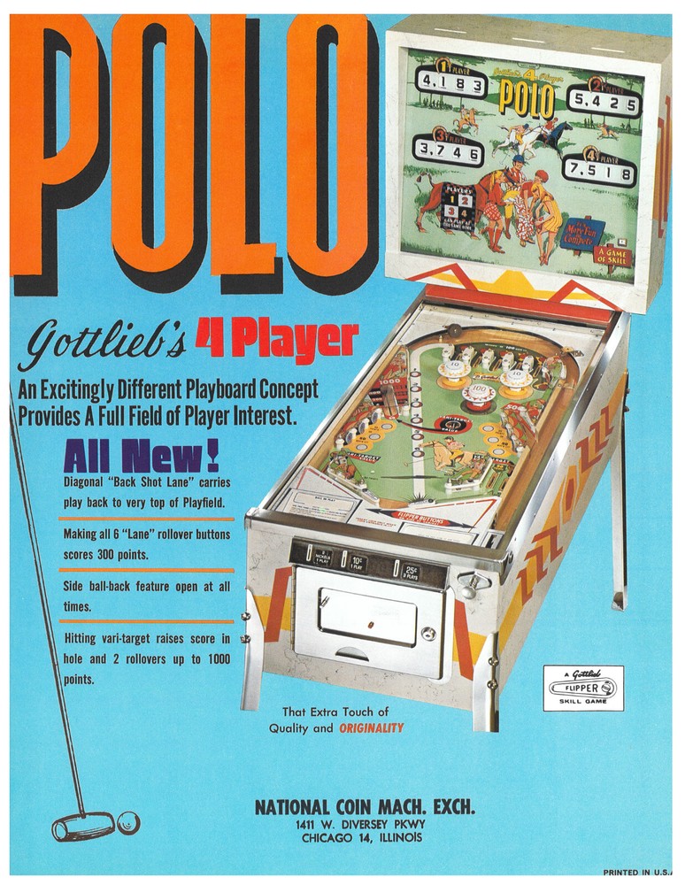 Polo Gottlieb Pinball Flyer / Brochure / Ad - Mint Condition