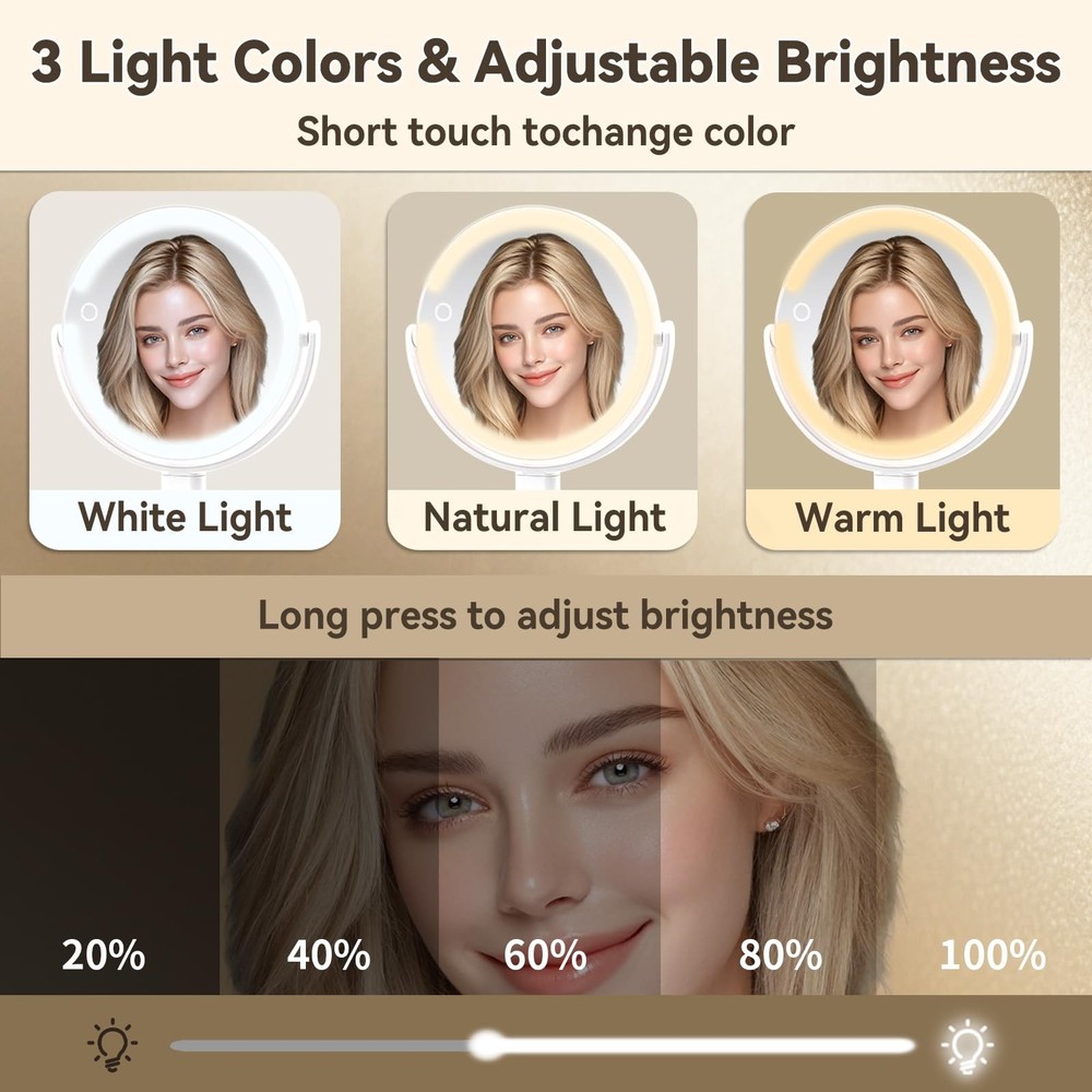 Makeup Mirror with Lights, Double Sided 1x/10x Magnifying Mirror，Rechargeable...