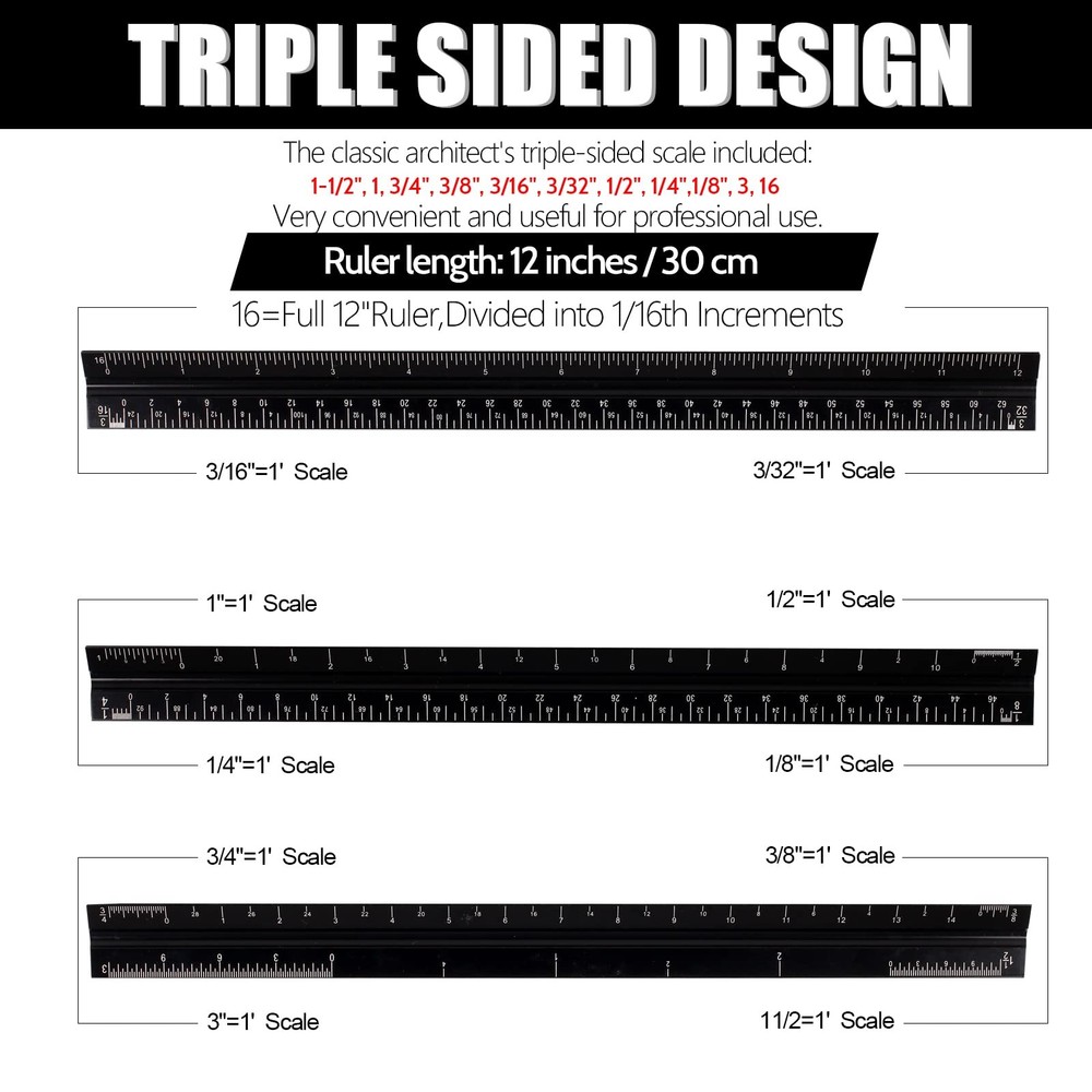 12 Inch Aluminum Architectural Scale Ruler for Engineers Architects Students