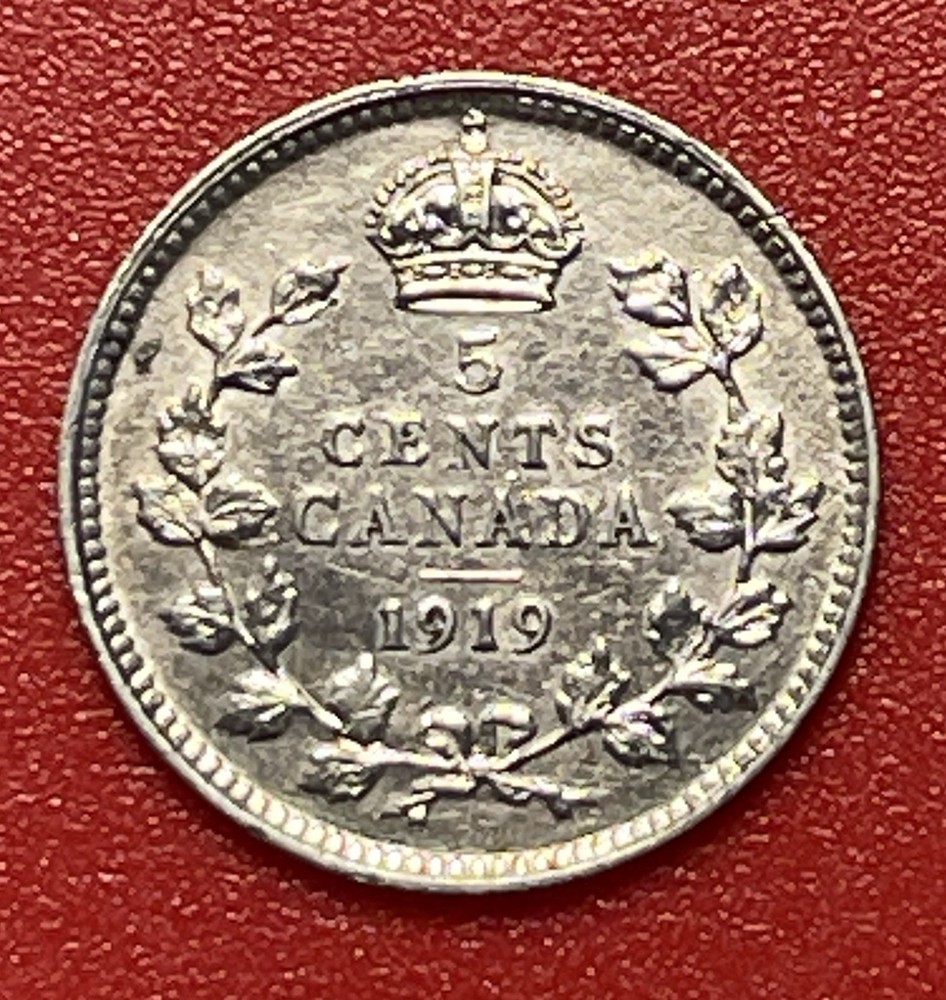 1919 Canada Silver 5 Cents, AU.