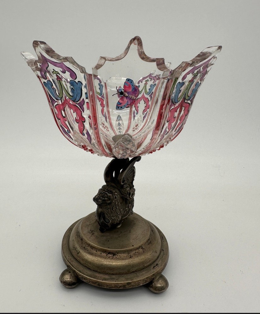 Antique Continental Crystal & Enamel Centrepiece on Knauer 750 Silver Base