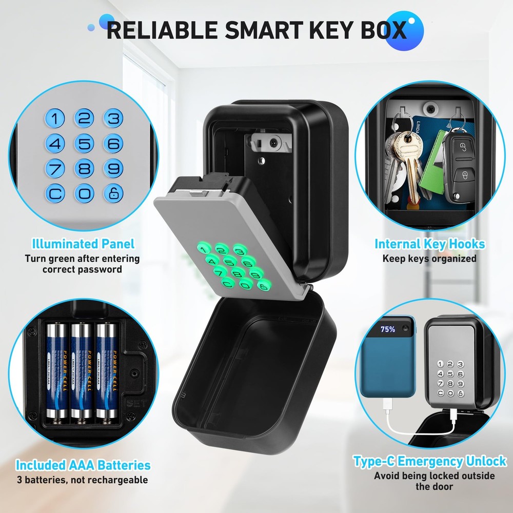 Smart Key Lock Box - Bluetooth Electronic Lock Box for Keys, Wall Mount Digit...