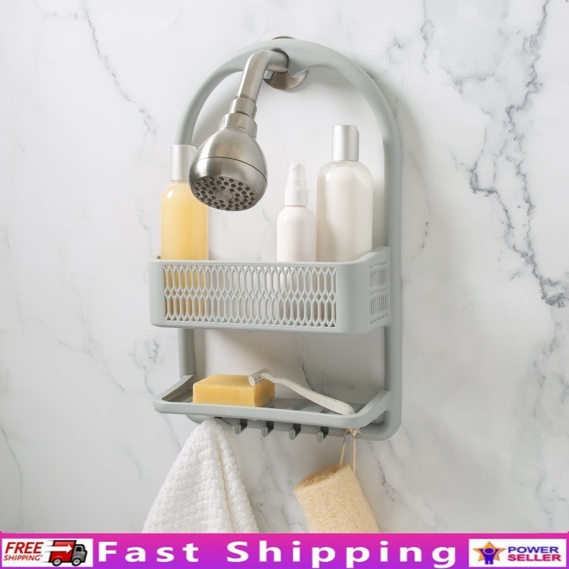 Molded Plastic Shower Caddy Overhead Organizer 2 Tier W/ 6 Accessory Hooks NEW