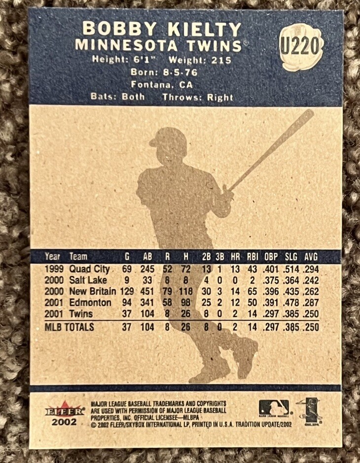 BOBBY KIELTY SIGNED AUTOGRAPH 2002 Fleer Tradition Minnesota Twins
