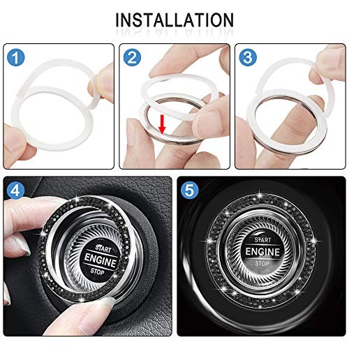 2pcs Bling Car Engine Start Button Cover Diamond Ignition Ring - Black