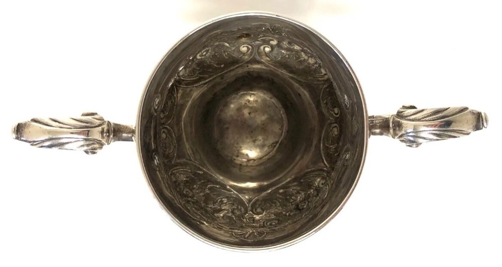 Stunning Antique Irish Solid Silver Two Handled Loving Cup Floral Embossed
