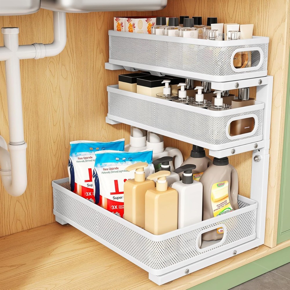 Under Sink Organizer 2-Pack 3-Tier Height Adjustable Thickened Metal Pull out
