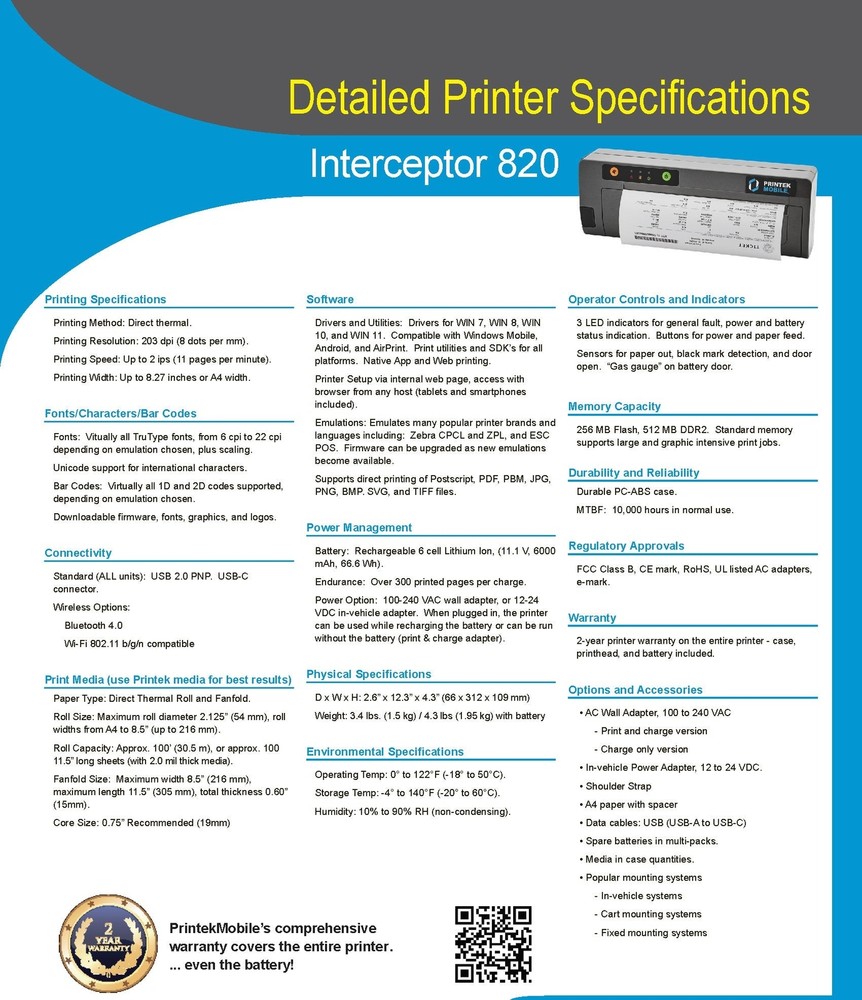 Printek 93633 I820 Direct Thermal 8" printer USB Without Battery