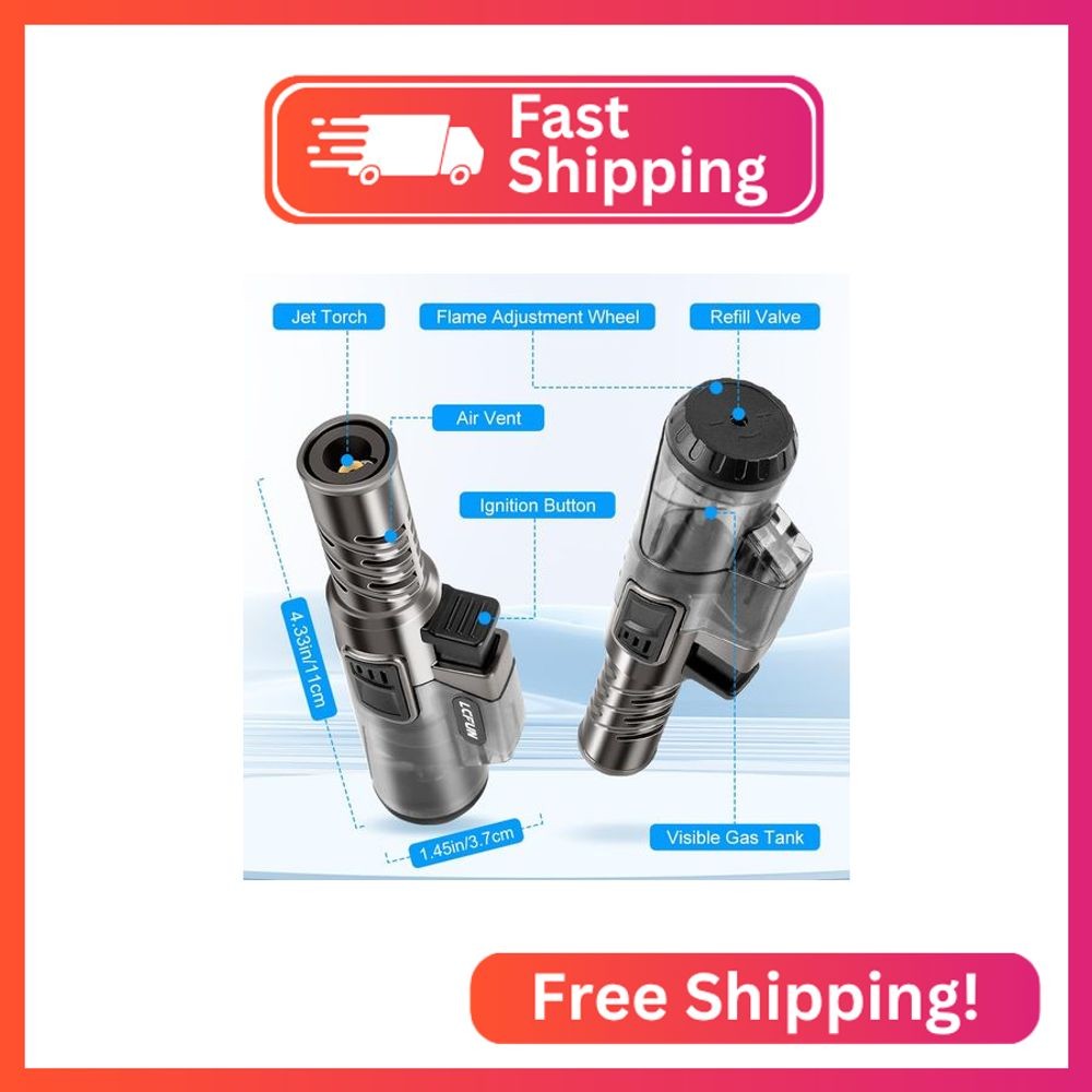LcFun Torch Lighter 2 Pack Windproof Adjustable Single Jet Flame Butane Lighter
