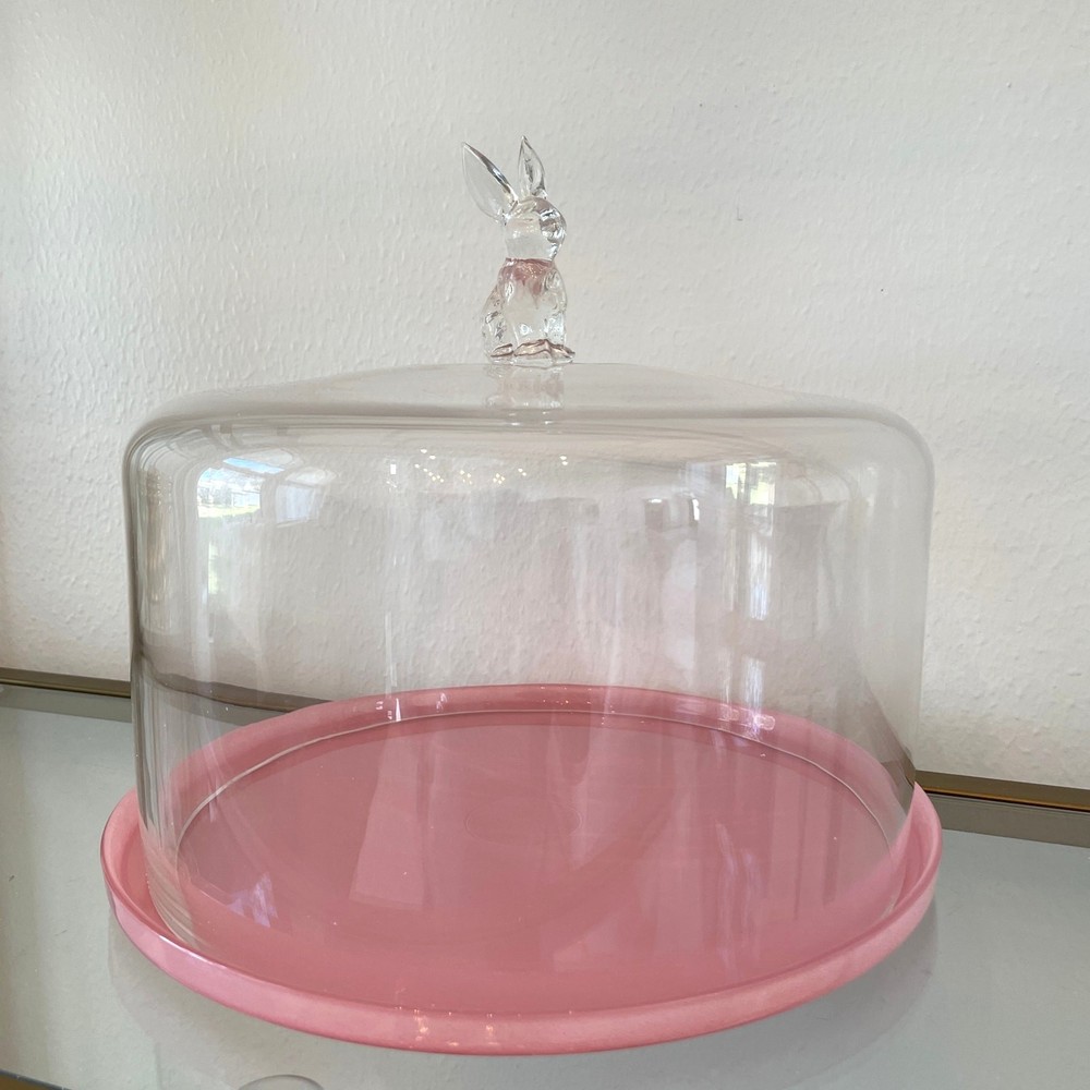 Pink Glass Bunny Cake Dome 11x12 Chic Easter Decor NEW