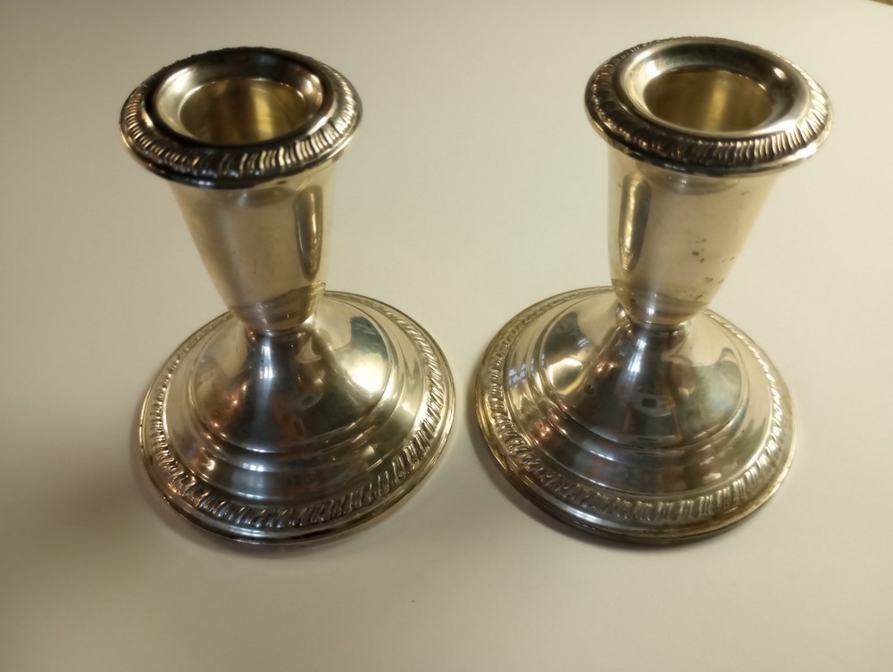 (TWO) Antique Crown Sterling Silver Weighted Candlesticks