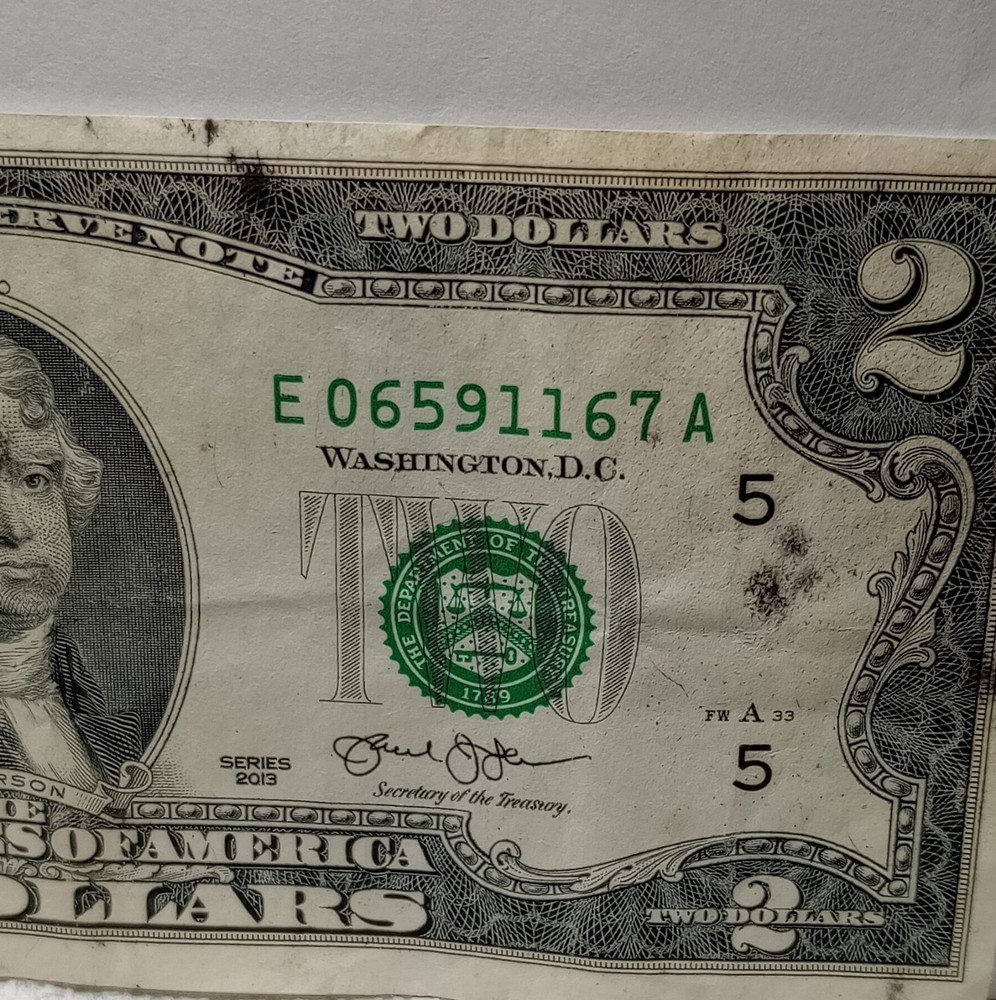 $2 US Error Banknotes Pair, Consecutive Serial Numbers E06591167A & E06591168A