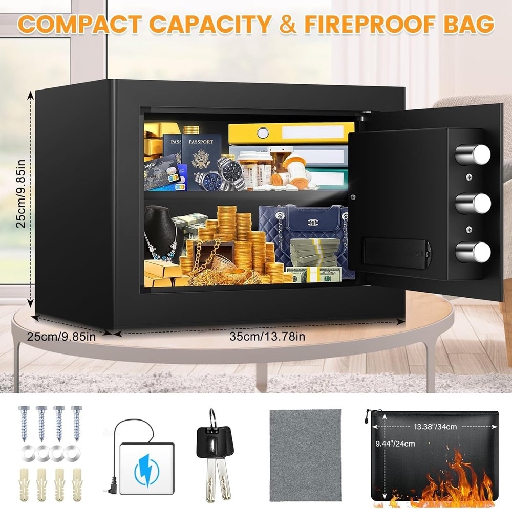 9.84" Tall Small Fireproof Safe Box, 1.2 Cu Ft Security Home Safe with Fireproof