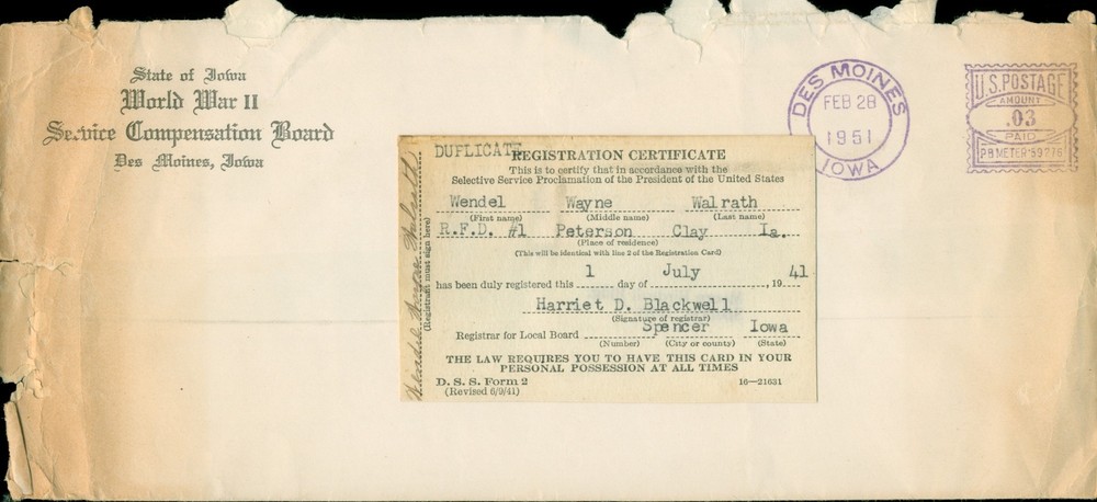 1941 WWII Iowa Service Compensation Board Envelope Draft Card Selective Walrath