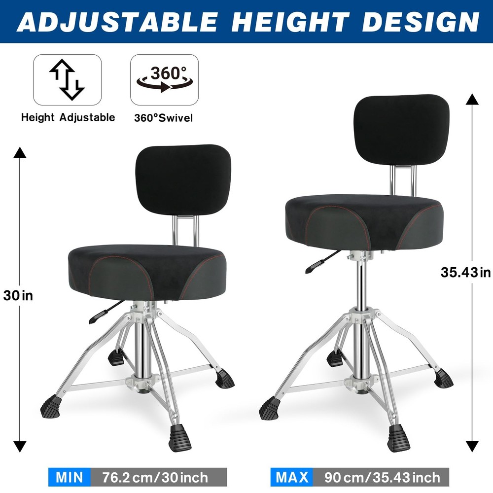 Adjustable Drum Throne with Backrest, Heavy Duty Saddle Seat for Drummers
