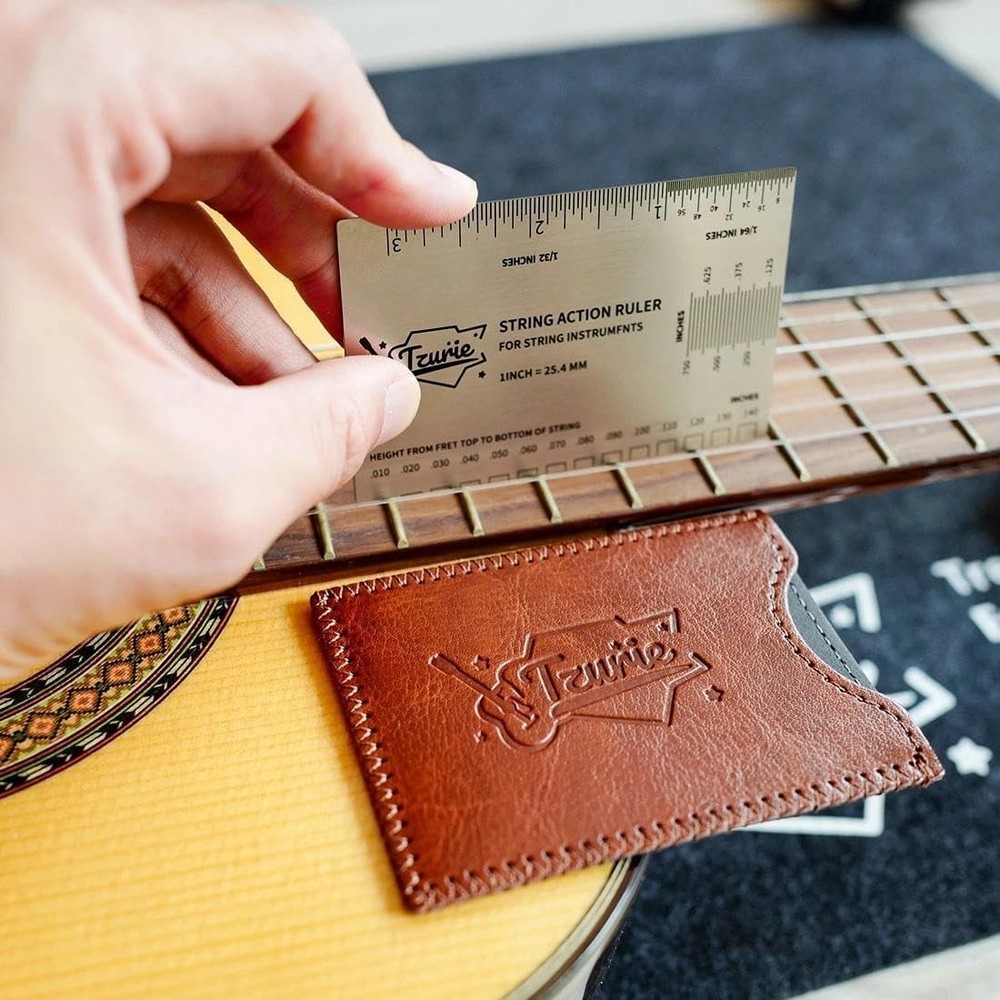 Tzurie Guitar String Action Gauge, Medium, silver ruler with brown case