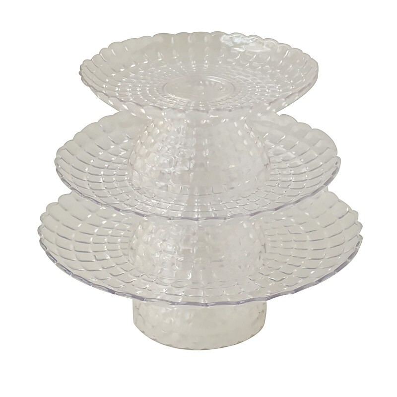 3 Clear Plastic CUPCAKE STANDS Pressed Design Stackable Dessert Pedestals Party