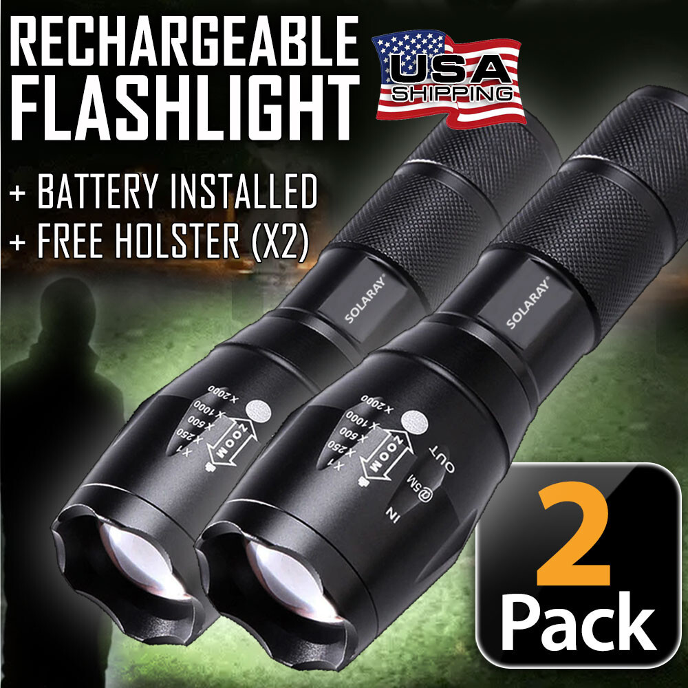 Super Bright LED Tactical Flashlight Rechargeable Work Light w/ Holster (2-PACK)