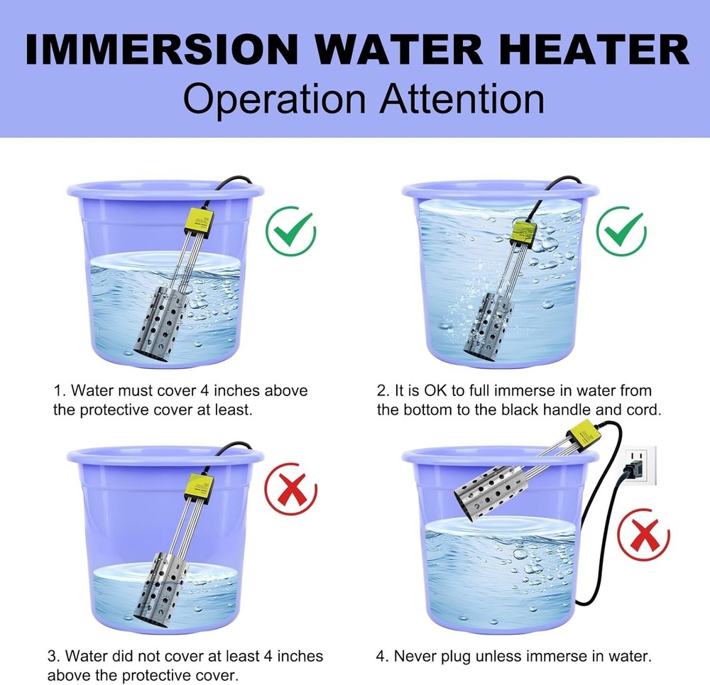 1500W Immersion Heater, Gesail UL-Listed Bucket Water Heater 304 Stainless-Steel