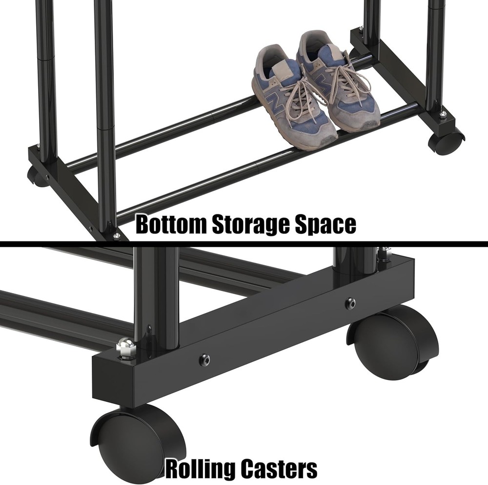 Modern Space-Saving Double Rod Clothing Rack with Wheels - Load Capacity 100 lbs