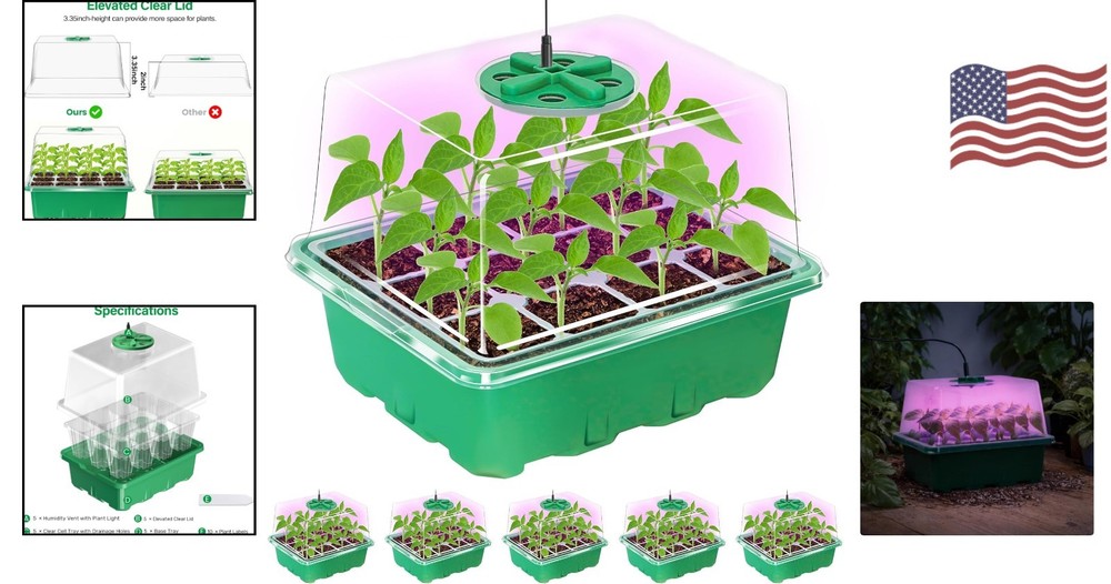 5-Pack Elevated Seed Starter Trays with Full Spectrum LED Light & Humidity Domes