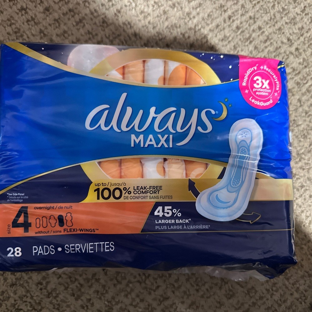 Always Maxi Pads Size 4 Overnight Absorbency Without Wings 28 Count Sealed