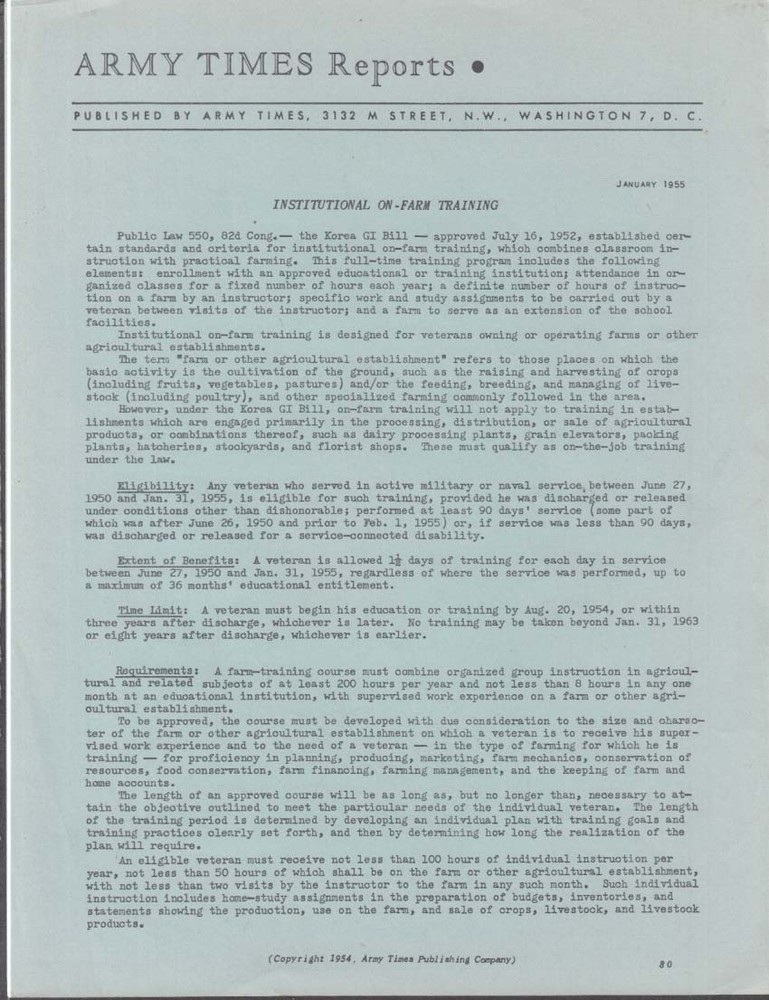 ARMY TIMES REPORTS 1 1955 Institutional On-Farm Training