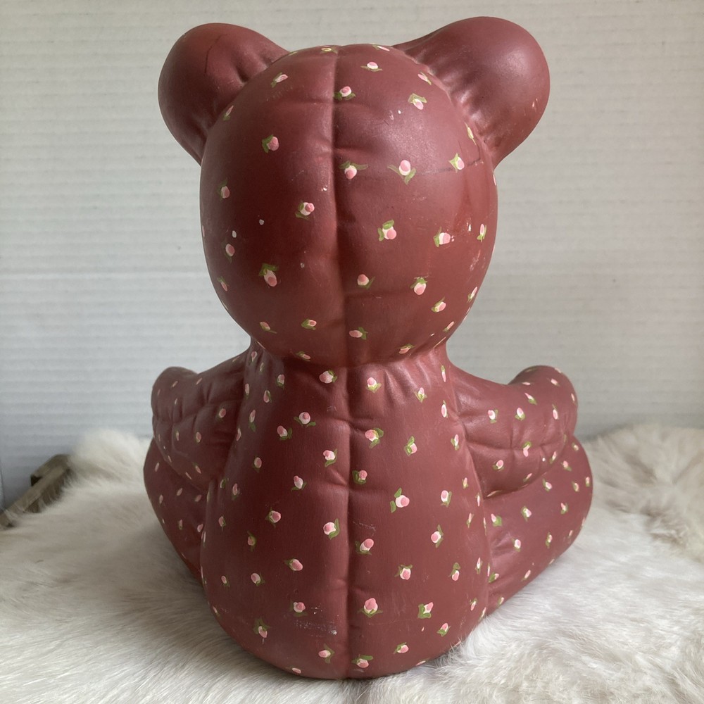 Quilted Ceramic Teddy Bear 8" Tall hand painted floral design felt bottom