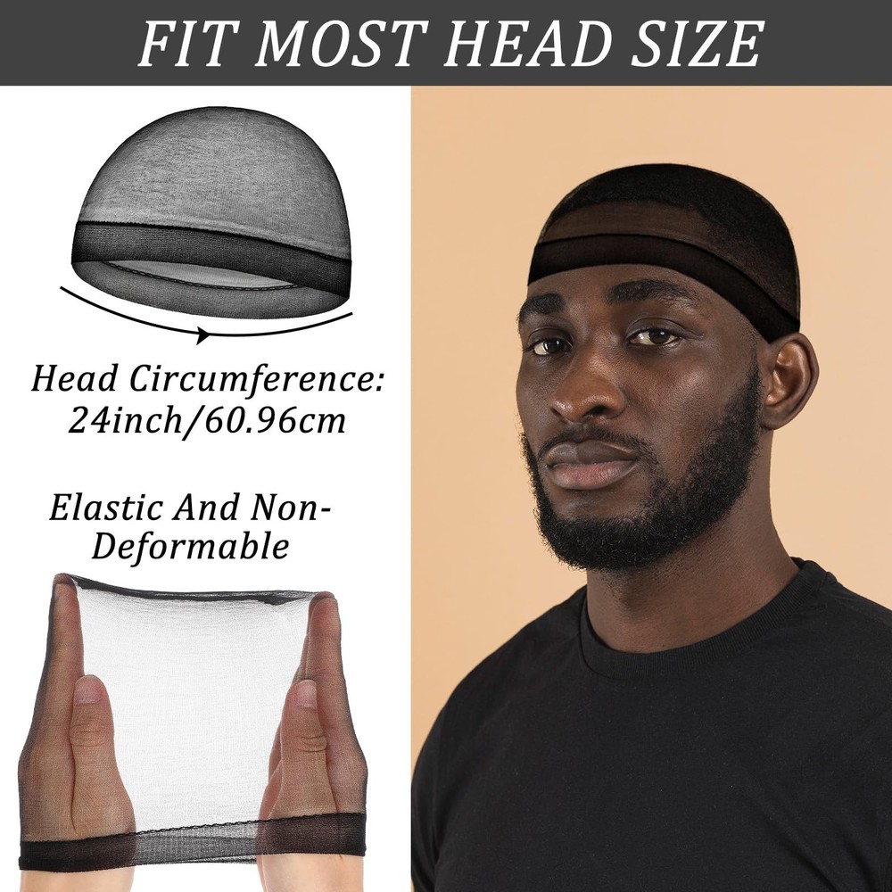 10Pcs Silky Stocking Cap Breathable Wave for Men Soft Medium, Black
