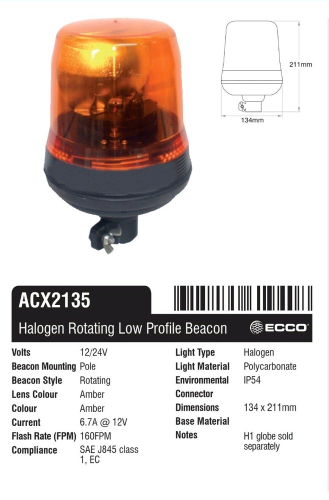 Amber Rotating Beacon Pole Mount Halogen 12v 24v ECCO ACX2135 Class 1