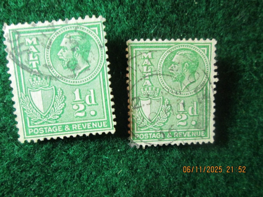 TWO 1920 "MALTA" REVENUE STAMPS. USED.