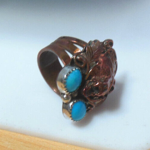 Signed RB Sterling Ring -Bear Face & Turquoise Size 8